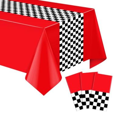 Imagem de Pacote com 3 toalhas de mesa de plástico para carro de corrida, toalha de mesa xadrez vermelha e preta, toalha de mesa retangular xadrez de búfalo para decoração de festa de aniversário, 137 x 272 cm