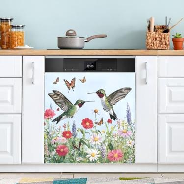 Imagem de SEHANY Lindas flores fofas pássaros capa magnética para lava-louças, adesivos magnéticos decorativos antiarranhões para painel de geladeira e lava-louças, decoração de flores de fazenda, cozinha