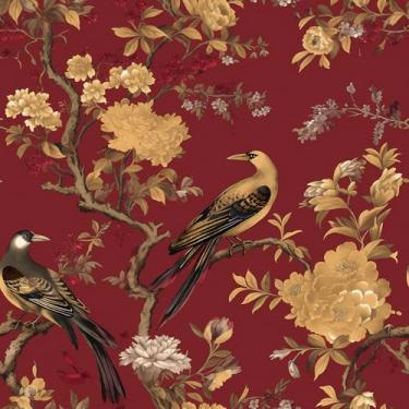 Imagem de Stickyart Chinoiserie Pássaro Floral Peel and Stick Papel de Parede Luxo Borgonha Dourado Floral Pássaro Papel de Parede Autoadesivo Retrô Chinoiserie Pássaros Peônia Papel de Contato para Quarto Sala