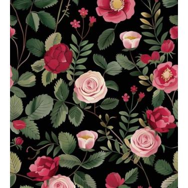 Imagem de Papel de parede floral descascar e colar, papel de contato com flores verdes rosa 43 cm x 93 cm, papel de parede vintage escuro botânico vinil impermeável autoadesivo removível para prateleiras de