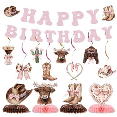 Imagem de Decoração de aniversário com laços Coquettte, 14 peças, faixa de vaqueira ocidental rosa, kit de redemoinhos pendurados, lindo coração de vaca highland, centro de mesa, decoração de festa de