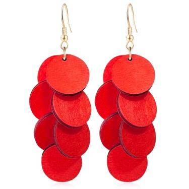 Imagem de StyleJella Brincos de pingente de disco redondo de madeira feitos à mão Boho – Brincos de borla longa em camadas geométricas para mulheres, joias leves para férias, uso diário e festa, Madeira, Sem