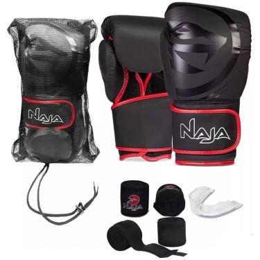 Imagem de KI Luva de Boxe e Muay Thai Black Line Naja + Bandagem + Protetor Bucal + Bandagem Extra Sortida-Unissex