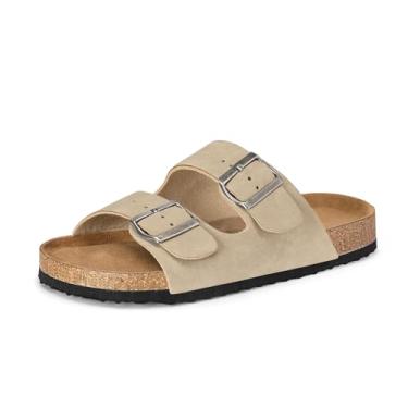 Imagem de mysoft Sandália rasteira feminina de cortiça com 2 tiras com fivela ajustável para o verão com sapatos confortáveis, Bege, 34