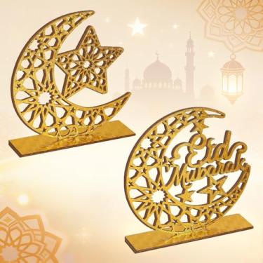 Imagem de iLifemate Ornamentos de mesa Eid Mubarak lua crescente e estrela – decoração de mesa islâmica de metal dourado, decorações de casa do Ramadã Eid, centros de mesa de festival muçulmano para sala de