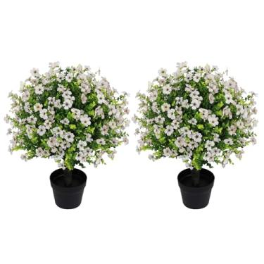 Imagem de Aoutyers Conjunto de 2 plantas artificiais de eucalipto artificial de 61 cm para ambientes externos – mães falsas de vegetação sintética resistente a UV com flores de seda branca em vasos de cimento
