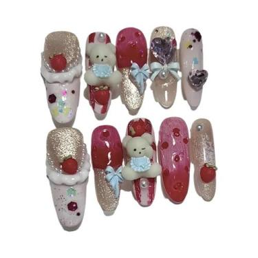 Imagem de Unhas Postiças De Urso De Pelúcia Rosa Com Pérolas E Coração Brilhante