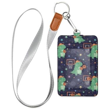 Imagem de Burbuja Porta-crachá de couro com cordão, etiqueta de identificação de dinossauro com 1 janela transparente para identidade e 2 compartimentos para cartão para escritório, enfermeira, professor