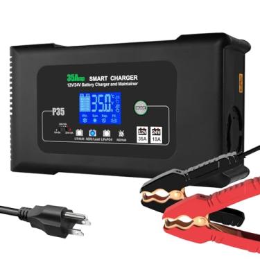 Imagem de YHCHKJ Carregador de bateria de carro inteligente de 0-35A, 12V/24V para lítio, LiFePO4, chumbo ácido, AGM, RV, marinha, barco, baterias de ciclo profundo, 9 estágios com reparo de pulso, carregador e