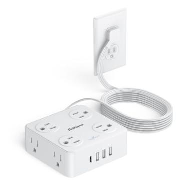 Imagem de Régua de tomada plana com USB C, cabo de extensão plano de 1,8 m - 8 tomadas CA e 4 USB (1 USB C), filtro de linha com protetor contra sobretensão, estação de carregamento para montagem na parede