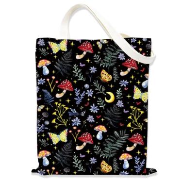 Imagem de Sacola estética de cogumelo gótico escuro para mulheres e meninas, bolsas de pano com alças, sacola temática de fantasia, sacolas fofas para mulheres, bolsa de compras reutilizável para viagens