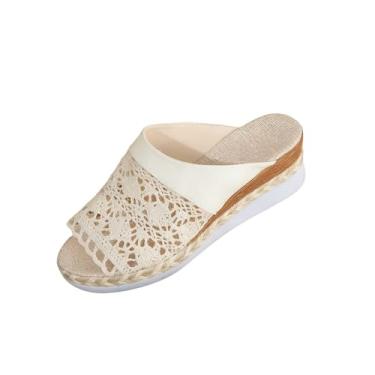 Imagem de Sandálias femininas casuais com bico de peixe, design tanga de dedo do pé, cor sólida para uso no verão, Bege, 35