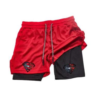 Imagem de Shorts De Treino Masculinos 2 Em 1 Com Estampa De Super-Herói, Bolso P