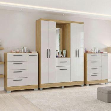 Imagem de Kit Guarda Roupa Atlas 5 Portas E 2 Cômoda Poquema Damasco/off White