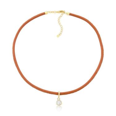 Imagem de Colar De Couro Natural Caramelo Com Ponto De Luz Revestido Em Ouro