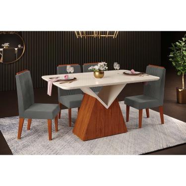 Imagem de Conjunto: Mesa Sala Jantar Argo c/ Tampo Madeirado c/ Vidro Curvo 136x90cm e 4 Cadeiras Lia Freijo/Off White - Suede Lunar - DJ Móveis