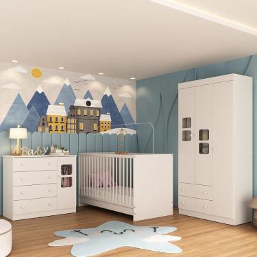 Imagem de Quarto De Bebê Completo Com Berço 3 Em 1 Para Colchão 130x60cm Brisa Multimóveis MP4525 Branco