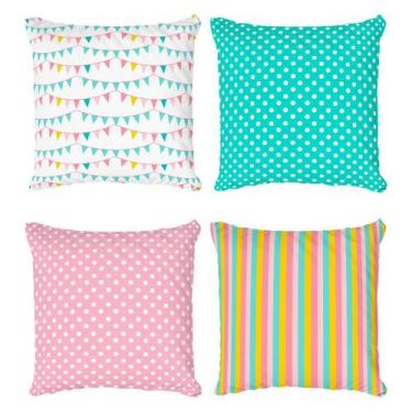 Imagem de Kit 4 Capas de Almofada Infantil Decorativa Poá, Bandeirinhas e Listra