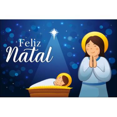 Imagem de Painel de Tecido Sublimado Feliz Natal Menino Jesus e Maria Estrelas e
