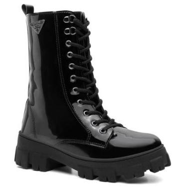 Imagem de Bota Coturno Feminina Verniz Tratorada Cano Médio Cadarço Casual-Feminino