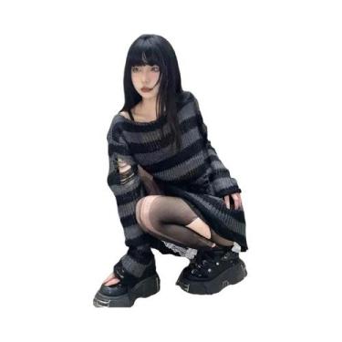 Imagem de Suéter Feminino Y2K Gótico Com Furos E Listras, Tricô De Manga Longa R