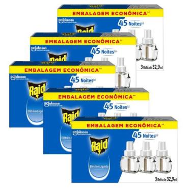 Imagem de Kit 5 Refil Repelente Eletrico Líquido Raid 45 Noite 3 Refis - Raid (J