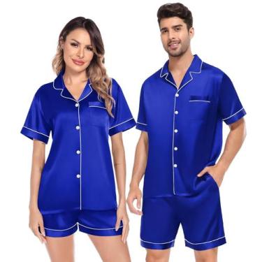 Imagem de Conjunto de pijama SWOMOG Satin Couple Silk Button Down Blue
