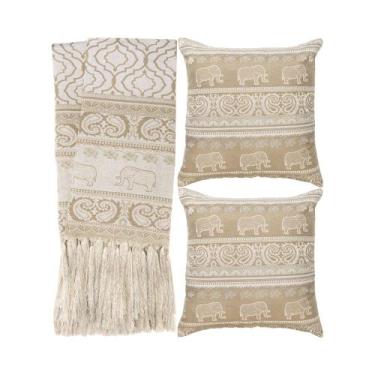 Imagem de Kit 1 manta Rústica e 2 Capas de Almofada para Sofá Indiano Bege e Bra