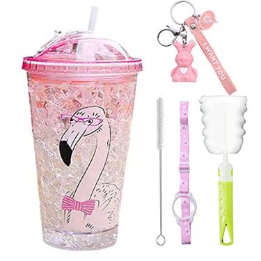 Imagem de Copo de viagem rosa flamingo com canudo feminino copo de gelo verde viagem congelador caneca gelada (rosa flamingo, 450 ml)