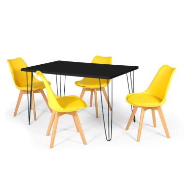 Imagem de Conjunto Mesa de Jantar Hairpin 130x80 Preta com 4 Cadeiras Eiffel Leda - Amarelo