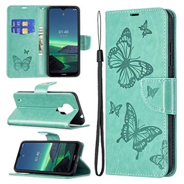 Imagem de HONGYAN Capa de telefone Para Nokia 1.4 Relevo duas borboletas Padrão Flip PU Caso de couro PU com suporte e cartolina e carteira e cordão Capa protetora