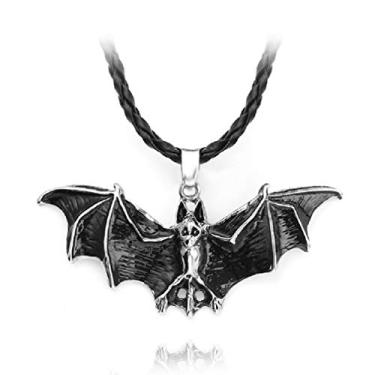 Imagem de Colar de morcego gótico para homens, colar com pingente de morcego voador preto com corrente de 55 cm, colar de morcego de vampiro retrô, colar de morcego de Halloween, cordão de couro, presente de joias de morcego de animal punk para homens meninos, Metal, Não conhecido
