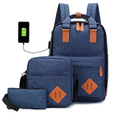 Imagem de Mochila casual para laptop 3 peças masculina nylon universitário bolsas de computador carregamento USB mochila de viagem multiuso para caminhadas ao ar livre, azul, 38 x 27 cm