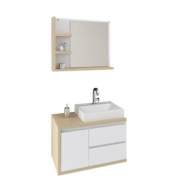 Imagem de Conjunto para Banheiro Gabinete Suspenso 2 Gavetas 1 Porta com Cuba e Espelheira 3 Prateleiras Marselha Berton Nude/Branco