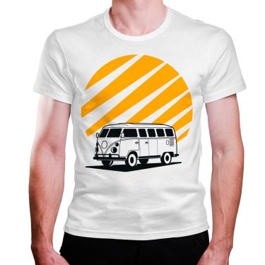Imagem de Camiseta masculina branca Carro Van Kombi Tracos Fundo Amarelo