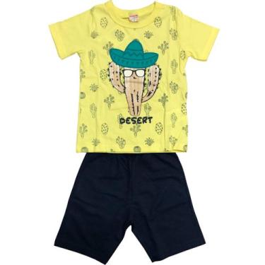Imagem de Conjunto Infantil Brandili Camiseta e Bermuda - Em Meia Malha e Moletinho - Amarelo e Azul Marinho