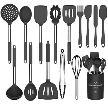 Imagem de Conjunto de utensílios de cozinha de silicone, Umite Chef 15 peças, conjunto de utensílios de cozinha de silicone, antiaderente, melhores utensílios de cozinha com cabo de aço inoxidável - preto