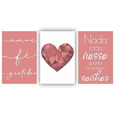 Imagem de Kit Placas Quadros Decorativos Sala 3 Pçs 20x30 Coração Rose Escrito Branco