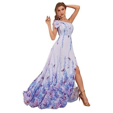 Imagem de Camisa Feminina Floral Print One Shoulder Split Thigh Dress (Color : Lilac Purple, Size : CH)