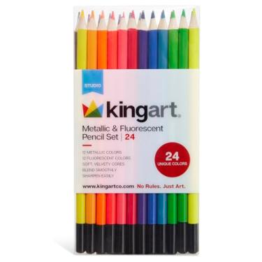 Imagem de KINGART Conjunto de lápis de cor 312-24 com qualidade de artista metálico e fluorescente 24 quilates, 24 cores exclusivas, pré-afiado para esboçar e desenhar papel, design de livro de colorir e arte