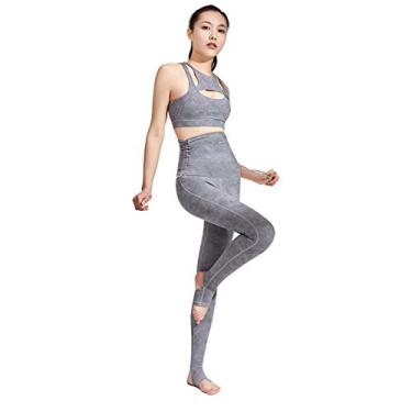 Imagem de Sutiã esportivo sem mangas + calças de ioga com cordão terno esportivo fitness justo levantamento de quadril terno de ioga cinza claro-G
