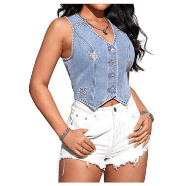 Imagem de SOLY HUX Colete jeans feminino Y2K Star com botões, sexy, sem mangas, gola V, cropped tops streetwear, Azul liso, P