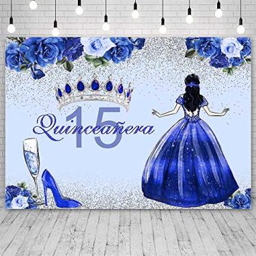 Imagem de SENDY Pano de fundo de aniversário de 15 anos de 2,4 x 1,8 m para meninas vestido azul coroa princesa fundo de fotografia flores azuis e sapatos de salto alto decorações de festa de aniversário