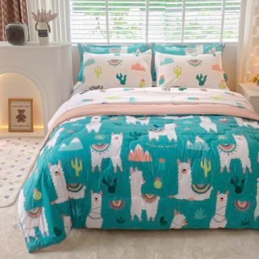 Imagem de Wajade Jogo de cama infantil queen com estampa de lhama e cacto com planta tropical alpaca (1 edredom, 1 lençol de cima, 1 lençol com elástico, 2 fronhas e 2 fronhas)