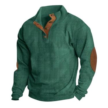 Imagem de Pulôver masculino de veludo cotelê com cotovelo remendado, camisa Henley com botão de manga comprida, gola simulada vintage, top externo (Color : Fruit green, 32-33, 3435, 36-37, 38-39, 40-41,