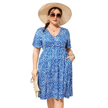 Imagem de ShopWonder Vestido plus size feminino decote em V evasê comprimento até o joelho vestidos rodados plus size evasê vestido de festa, Azul, branco, XXG