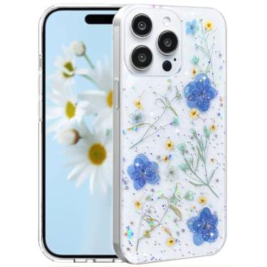 Imagem de CEOKOK Capa transparente para iPhone 14 Pro com design de flores prensadas de verdade com glitter azul brilhante seco padrão floral fino macio TPU protetor feminino feminino capa de telefone para