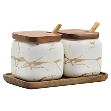 Imagem de KIDYBELL 2 conjuntos de potes de cerâmica de mármore, açucareiro de cerâmica com tampas, bandeja e colheres (branco)