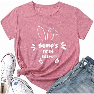 Imagem de Camiseta feminina Easter's Pregnancy para mulheres Bump's First Easter Funny Cute Bunny Little Ear and Feet Graphic Top-Pink Easter, Páscoa rosa, M