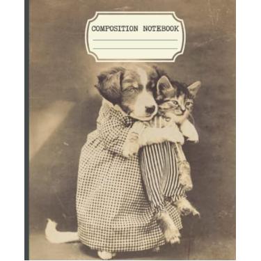 Imagem de Caderno de composição: faculdade de estética vintage pautada com design de capa de gato e cachorro fofo